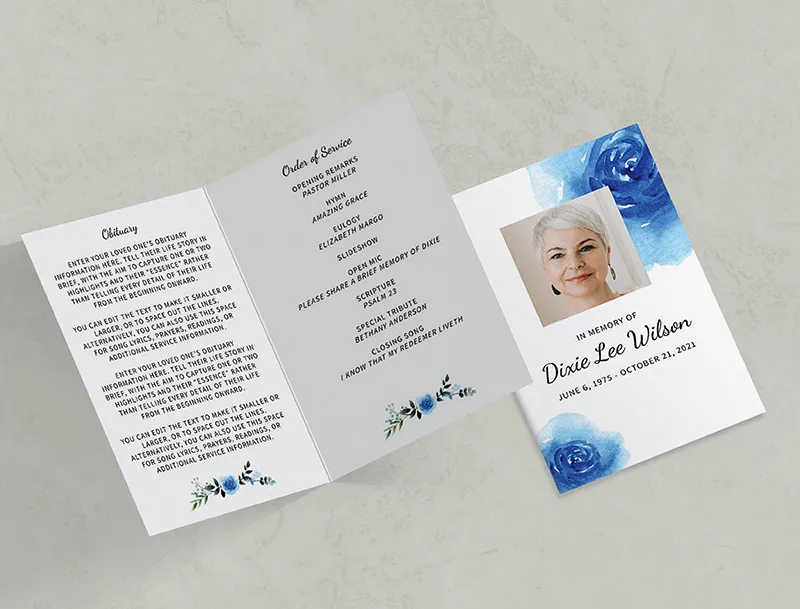 Blue Floral Funeral Program Template